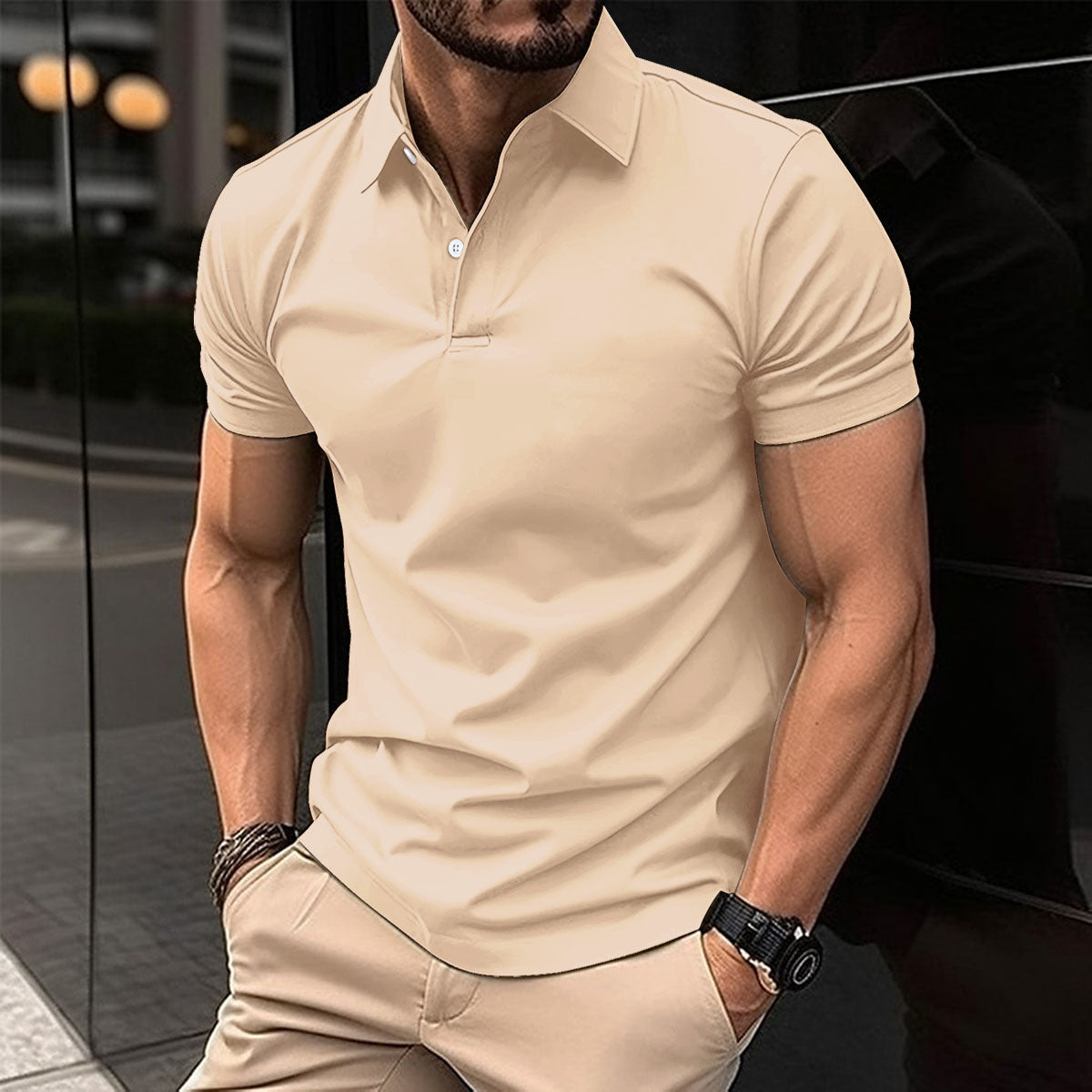 Polo d'été à manches courtes pour hommes avec Bouton de couleur unie Haut à boutons à revers