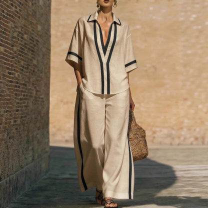 Ensemble "City-Chic" – Duo Haut Color-Block & Pantalon Palazzo à Jambes Larges