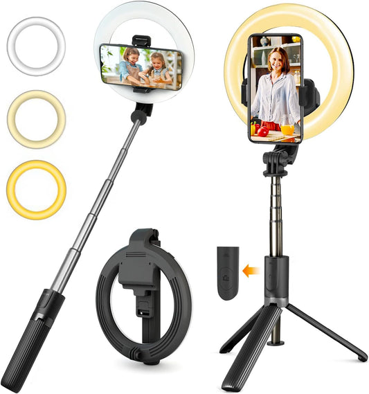 Perche a Selfie [avec Selfie Ring Light], 35.4'' Aluminium Extensible Selfie Stick 360° Rotation avec Bluetooth, Monopode Rechargeable Selfie Anneau Lumineux Compatible pour iPhone/Huawei/Gopro