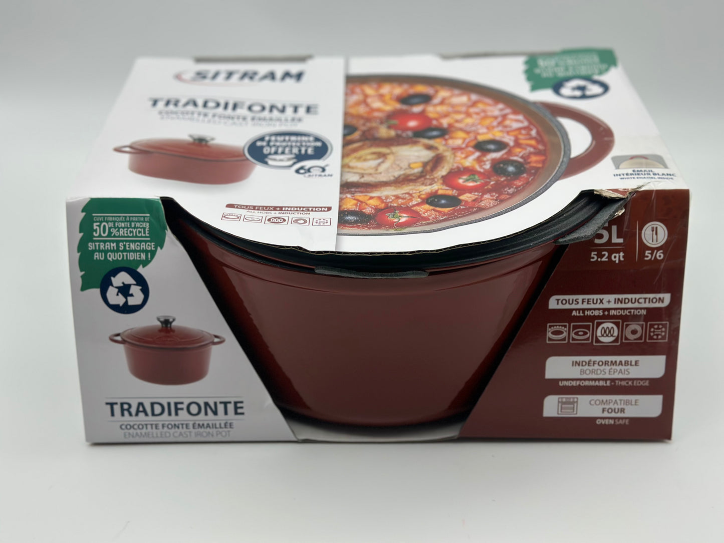 SITRAM Cocotte induction fonte émaillée recyclée ronde 5 L bleu/rouge 25 x 12 cm neuve