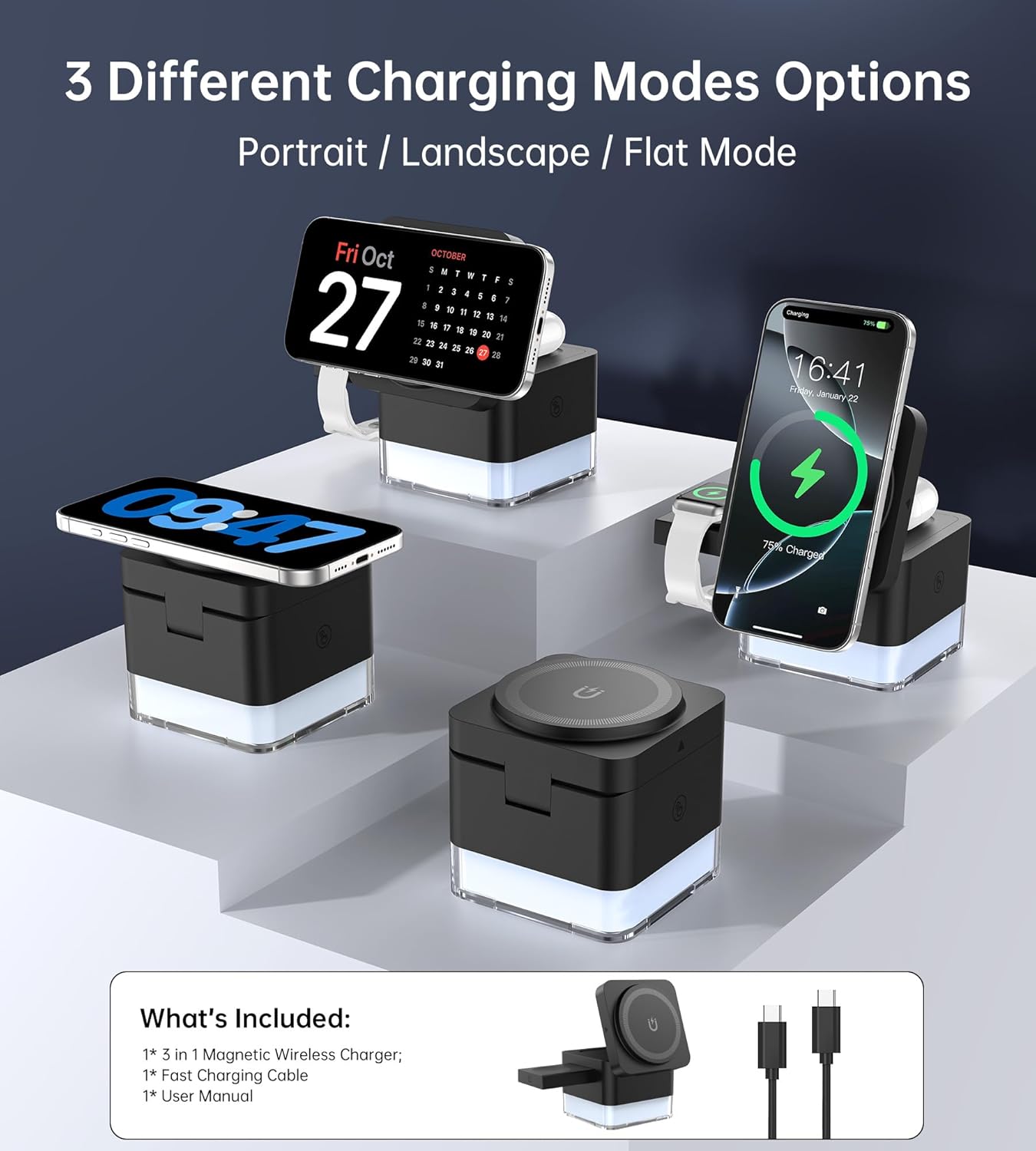 Station de charge 3 en 1 compatible avec Magsafe - Chargeur sans fil pour iPhone 16/16 Pro/16 Pro Max/15/14/13/12, AirPods 3/2/Pro