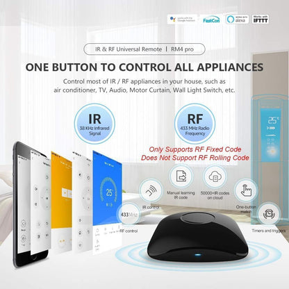 BroadLink RM4 Pro Télécommande Universelle IR et RF, Codes d'apprentissage de la télécommande WiFi pour la Maison Intelligente et Les appareils ménagers TV, STB, AC, Moteur de Rideau Compatible Alexa