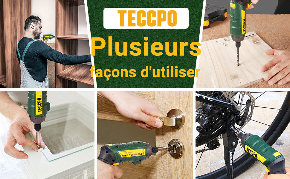 Visseuse sans Fil 6Nm, TECCPO Tournevis sans Fil, 2000mAh avec 45 accessoires, 2 Lampe LED, Chargeur USB, 9+1 Reglages du Couple, 2 Position Poigne Reglable, Boîte Compacte, Meilleur Cadeau DIY …