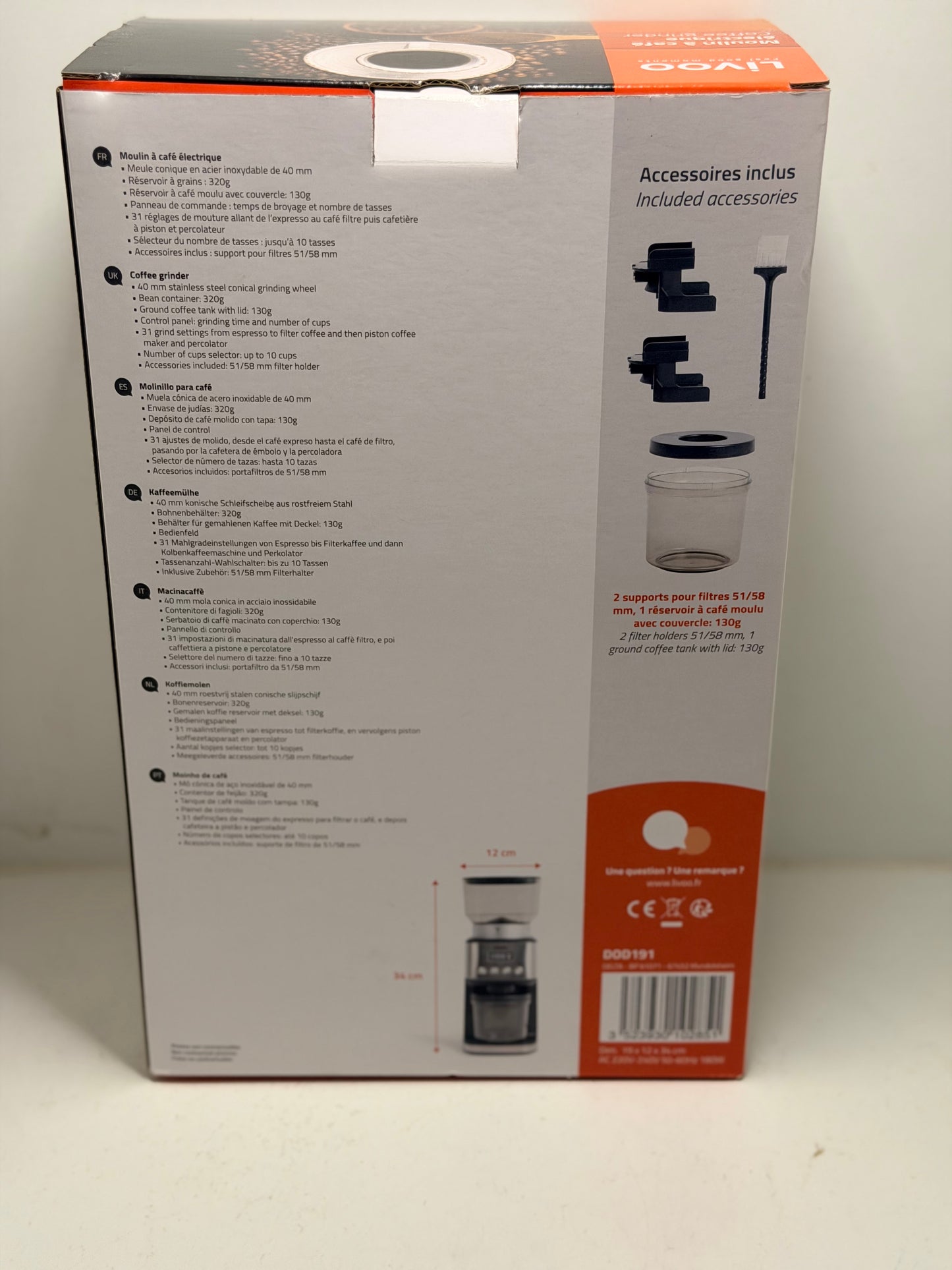 Livoo, Moulin à café électrique DOD191, Puissance 180 W, 600 tours par minute, 31 réglages de mouture, Capacité du réservoir à grains 320 g et café moulu 130 g, 10 tasses