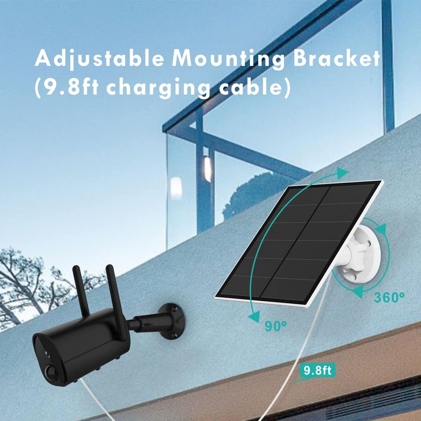 Panneau Solaire pour Caméra de Sécurité, 5W pour Micro USB et USB-C Port Caméra Extérieure Rechargeable, Panneaux Solaires avec 9.8ft Cable, Support Mural Ajustable, Traditionnel 2 Pack