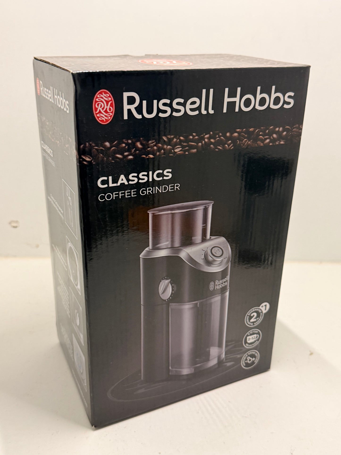 Russell Hobbs Moulin à café [électrique à meule plate] Classics (réglages variables de mouture: fine à grossière, 2 à 12 tasses, pour grains de café, noix, épices, céréales, indicateur LED) 23120-56