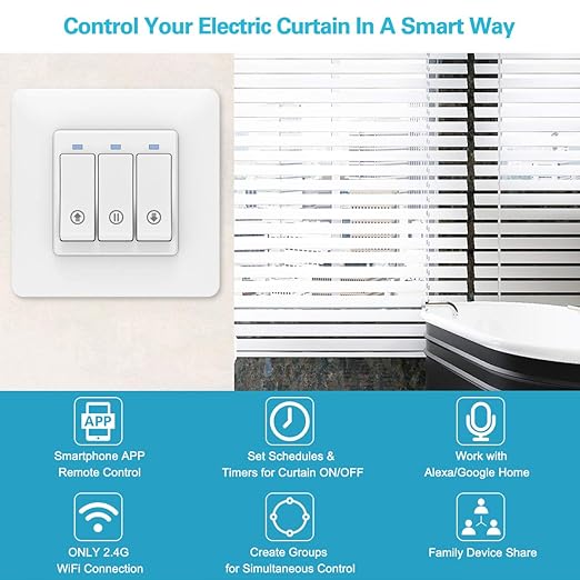 Commutateur de rideau intelligent WiFi, interrupteur de volet roulant WLAN à 3 vitesses, interrupteur de commande vocale à distance APP pour volets roulants de rideau de fenêtre, compatible avec Google Home Alexa Echo, sans hub nécessaire -4Pcs