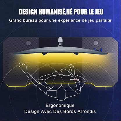 Bureau Gaming 120 x 60 cm, Bureau Gamer avec Tapis de Souris, Table Gaming PC en Fibre de Carbone avec Crochet pour Casque, Noir (Noir)