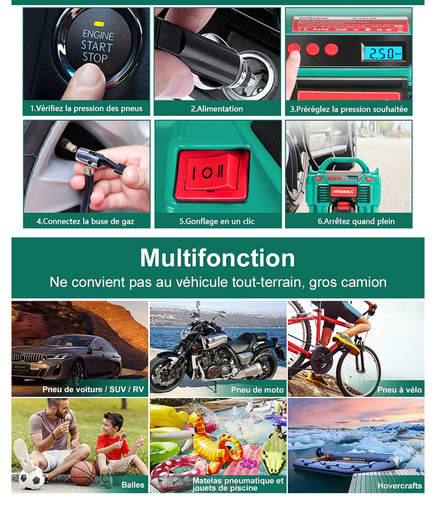 Compresseur d'air Portatif 18V HYCHIKA, Alimenté par 2A Batterie/Allume Cigare 2x2ah + chargeur neuf