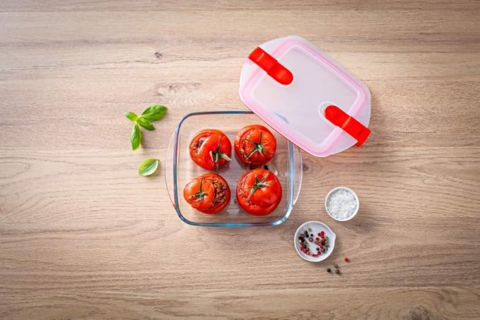 Pyrex - Cook&Heat - Plat Carré en Verre avec Couvercle Hermétique Spécial Micro-Ondes – Boîte de Conservation – Cuisinez au Four, Conservez et Réchauffez, Transparent