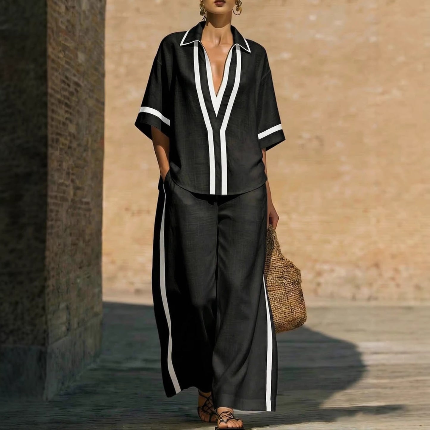 Ensemble "City-Chic" – Duo Haut Color-Block & Pantalon Palazzo à Jambes Larges