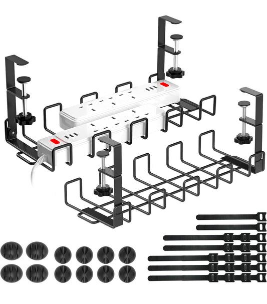 Lot de 2 plateaux de gestion de câbles sans perçage sous le bureau, organiseur de câbles en métal pour la gestion des fils, panier de câbles avec bandes de câbles, noir