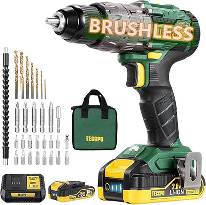 TECCPO Perceuse Visseuse sans Fil Brushless, 18V Perceuse a Percussion(60Nm), 30min Rapide Chargeur, 2×2.0Ah Batteries, 13mm Mandrin, 2 Vitesses (0-550/2000 tr/min), 35pcs Gratuit Accesoires-TDHD02P