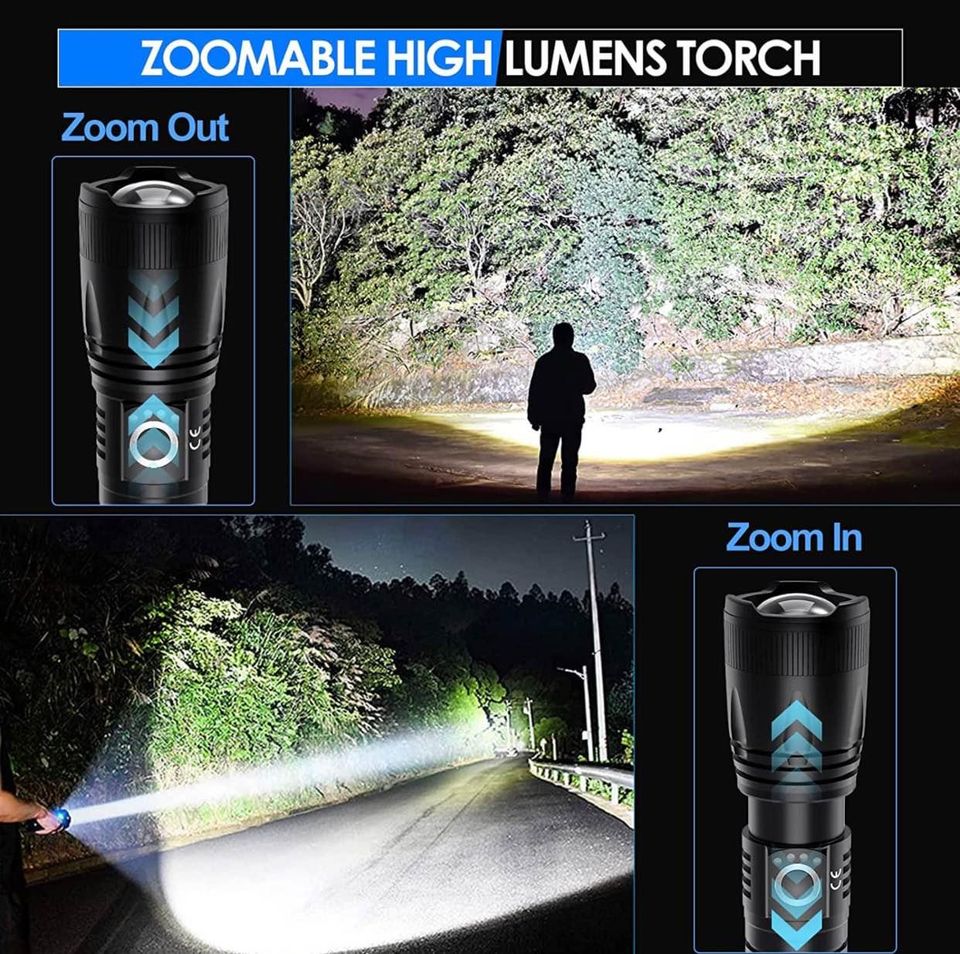 Lampe Torche Led Ultra Puissante, 10000 Lumens Zoomable étanche à l’eau neuve piles/rechargeable