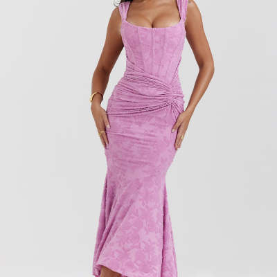 Robe de Soirée "Aurore" – Coupe Sirène en Jacquard Floral & Corset Drapé