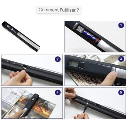 Scanner à main Scanner de documents couleur de résolution 900DPI Scanner portable sans fil A4 avec carte 8G Micro SD Format JPG et PDF Noir (Pack MEHRWEG)