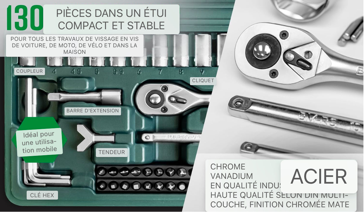 Jeu de douilles et d'embouts, 130 pièces