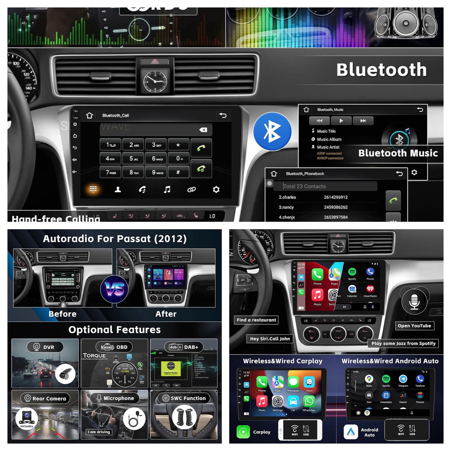 CAMECHO Android 11 Autoradio pour Volkswagen Passat 2012-2015, 2G+32G, Wireless Carplay Android Auto, 10.1" HD écran Double Din Bluetooth avec GPS HiFi Support FM RDS SWC + AHD Caméra de recul
