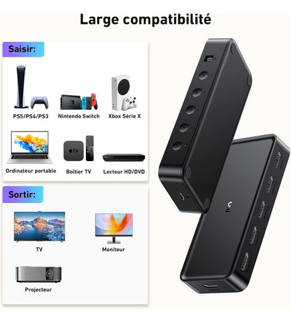 HDMI Switch 5 en 1 Sortie 4K@60Hz, Commutateur HDMI avec Télécommande Répartiteur HDMI 2.0 Supporté 3D HDR HDCP2.2 pour PS5/4/3, Xbox, HDTV, Moniteur, Projecteur, Roku TV, Lecteur Blu-Ray