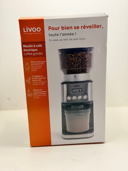 Livoo, Moulin à café électrique DOD191, Puissance 180 W, 600 tours par minute, 31 réglages de mouture, Capacité du réservoir à grains 320 g et café moulu 130 g, 10 tasses