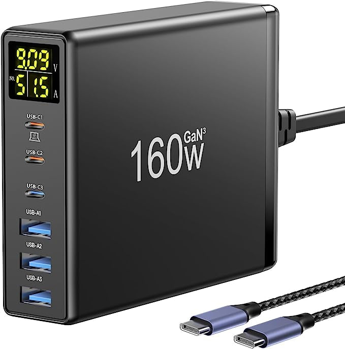 Chargeur Rapide USB C, 160W GaN 6-Port avec LED Display, Chargeur Secteur Multiple avec 3 USB-C et 3 USB-A PPS PD 3.0 für Macbook Pro/Air Laptop iPhone iPad Samsung