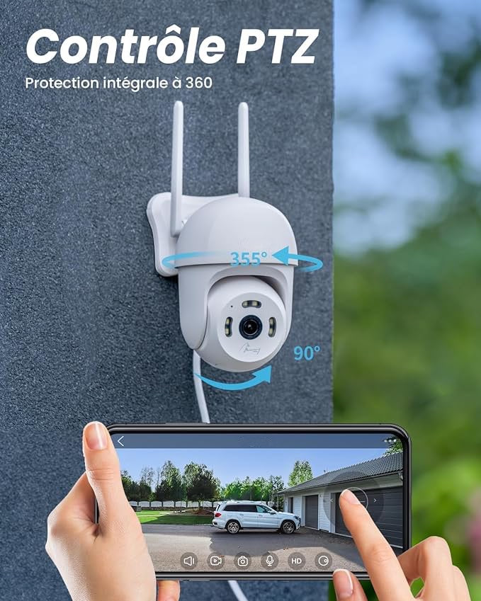 Caméra Surveillance 4MP 360° WiFi Exterieure, PTZ Caméra IP, Suivi Automatique Pan 355° Tilt 90°, Vision Nocturne Couleur, PIR Détection de Mouvement, Audio Bidirectionnel, PC/Sirène/IP65