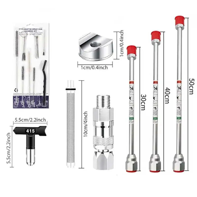 Ensemble de pistolet de pulvérisation de peinture air de 17 pièces 5 buses 3 poteau d'extension 5 pistolets de pulvérisation sans air Filtres à maille Kit de nettoyage d'adaptateur de pistolet de pulvérisation
