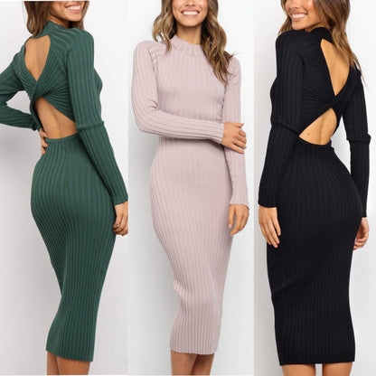 Robe "Elegance-Knot" – Robe Midi en Maille Côtelée avec Dos Nu Croisé
