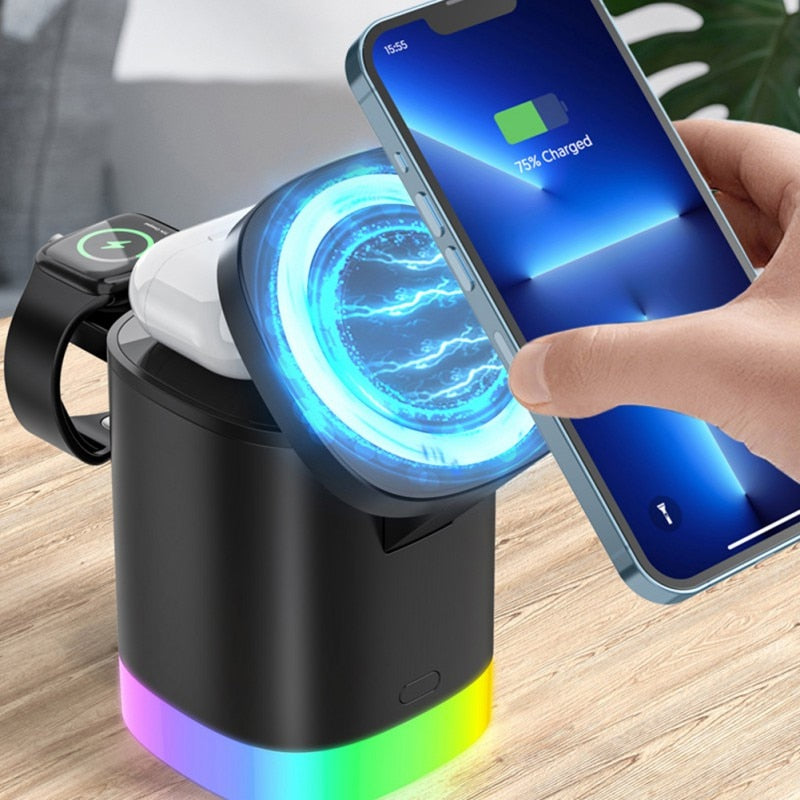 Chargeur rapide sans fil magnétique 3 en 1 pour téléphone intelligent Station de charge de lumière ambiante RVB pour Airpods IWatch