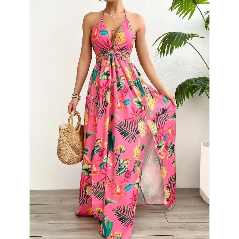 Robe "Flora-Chain" – Coupe Évasée, Dos Nu & Découpes Latérales avec Détail Chaîne
L'élégance florale sublimée par une touche d'audace