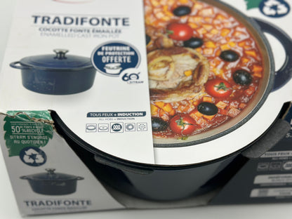 SITRAM Cocotte induction fonte émaillée recyclée ronde 5 L bleu/rouge 25 x 12 cm neuve