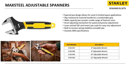 Stanley 0-90-949 250mm Clé À mollette maxSteel Forgée en Acier Chrome Vanadium Traitement Thermique - Poignée Bi matière - mollette de Réglage Crantée -Normes Iso et Din