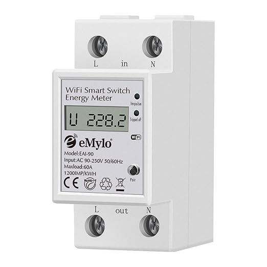 Compteur d'énergie eMylo Smart WiFi, compteur numérique monophasé DIN rails LCD, compteur de moniteur de consommation d'électricité, 60A 90-250V, support Alexa Google Assistant APP télécommande pour la maison, l'appartement