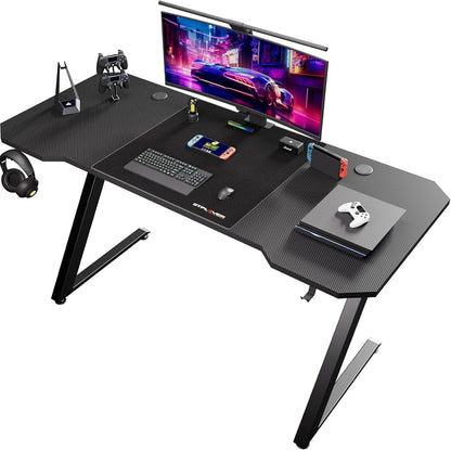 Bureau Gaming 120 x 60 cm, Bureau Gamer avec Tapis de Souris, Table Gaming PC en Fibre de Carbone avec Crochet pour Casque, Noir (Noir)