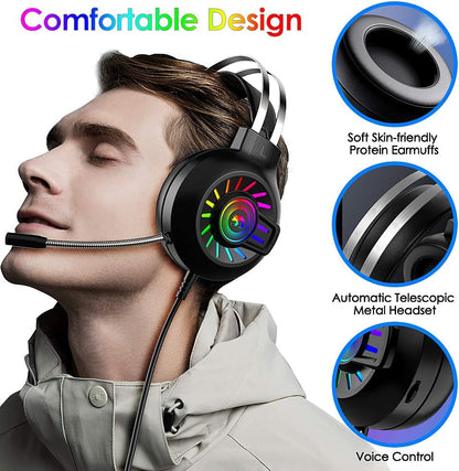 Casque de Jeu, Casque de Jeu Filaire stéréo 3,5 mm avec rétroéclairage Arc-en-Ciel RVB, Son Surround de Casque Professionnel et Microphone à réduction de Bruit, pour PS4 / Xbox One/Mac/PC (Noir)