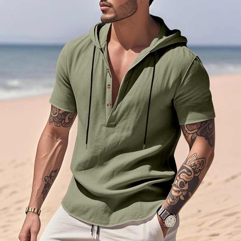 Chemise Henley "Breeze-Hood" – Lin Respirant, Manches Courtes & Capuche Ajustabl