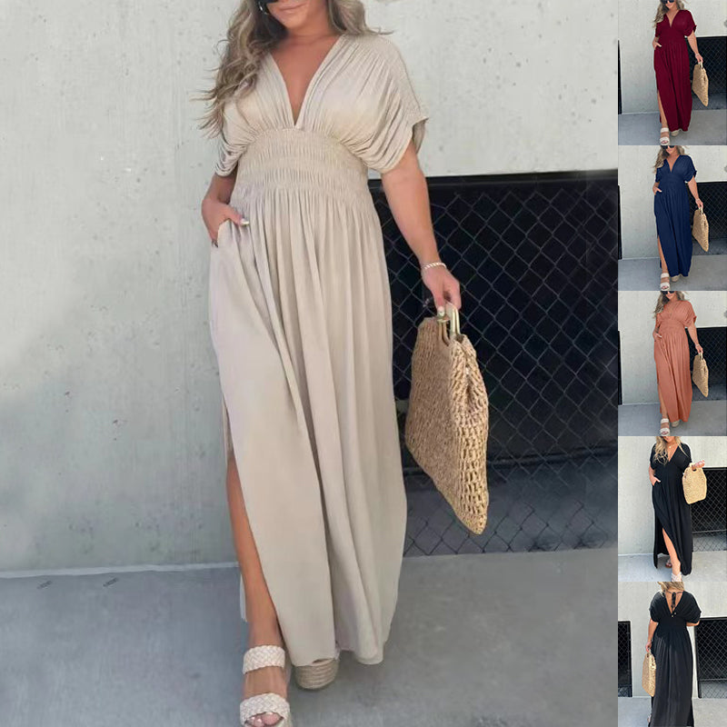 Robe Maxi "Manhattan-Flow" – Manches Chauve-souris, Col en V & Taille Élastique