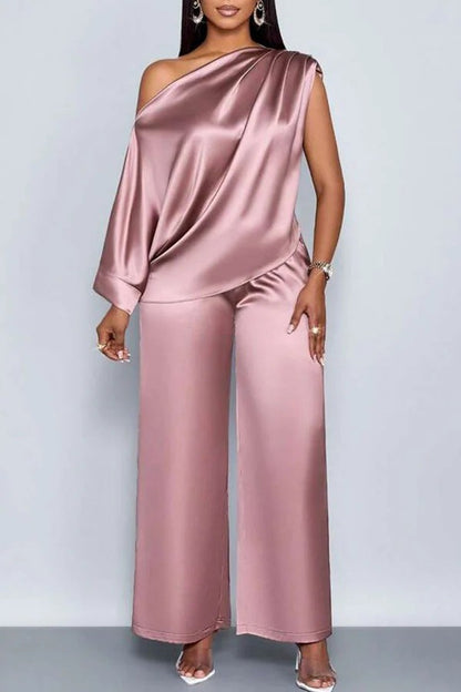 transfrontalier été décontracté Costume en satin pour femmes Col incliné Ensemble de pantalons à manches courtes