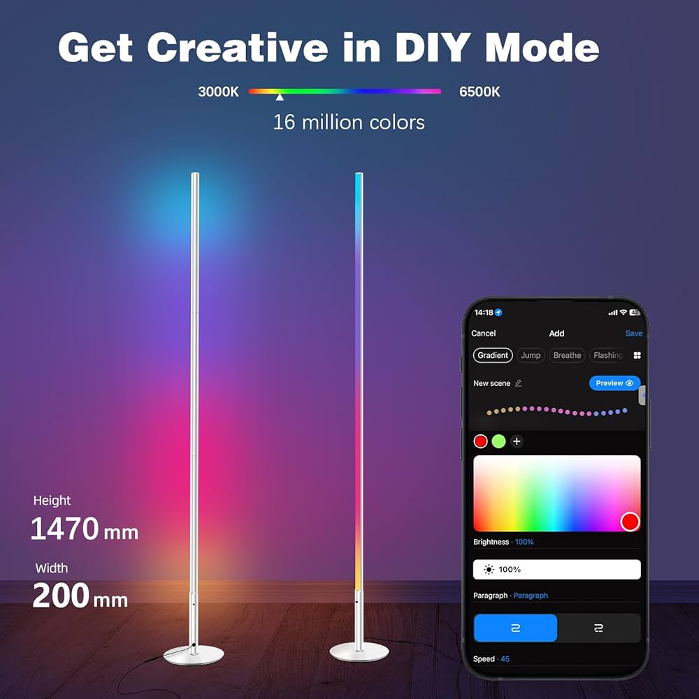 Lampadaire sur Pied Salon, RGBCW LED Compatible avec Alexa / Google Home / WiFi APP et Télécommande, D'angle Lampe Moderne Chambre Musique Sync 2700K-6500K 16 Millions Couleurs