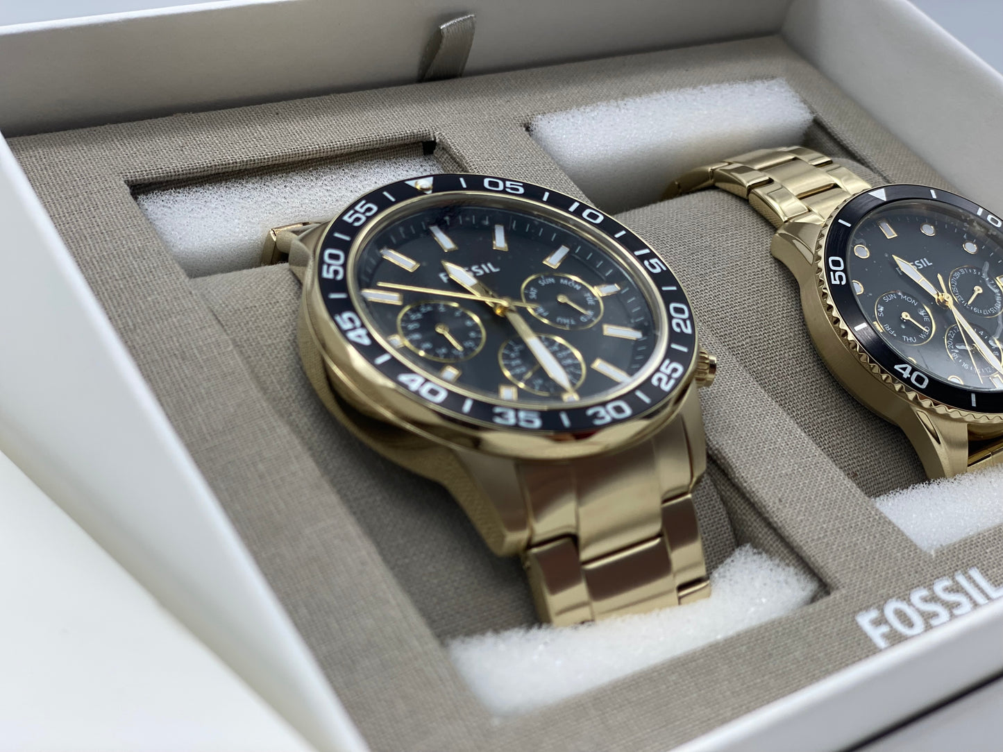 Coffret Montre Fossil Homme & Femme Acier Inoxydable Dorée Multifonctions Neuves