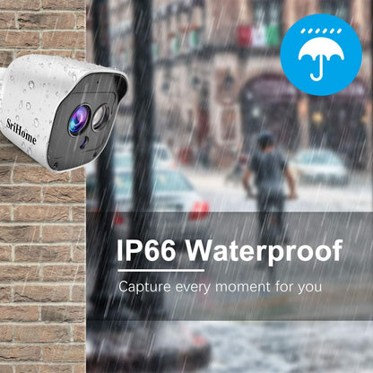 SriHome Caméra de surveillance Wi-Fi pour intérieur ou extérieur, résolution de 1296p, avec détecteur de mouvement, audio bidirectionnel, vision nocturne, indice d’étanchéité IP66