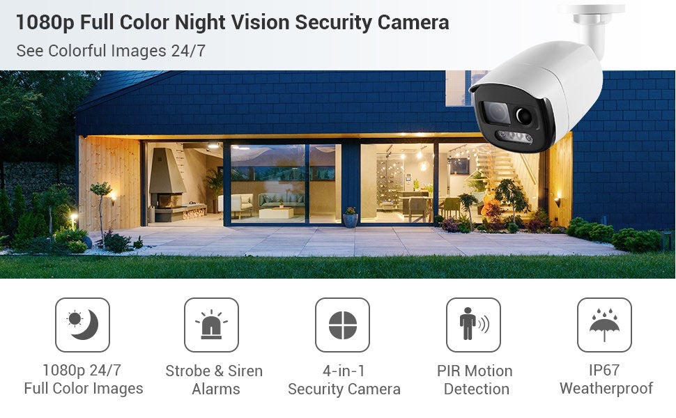 Caméra de surveillance stroboscopique polychrome 1080P alarme de sirène à lumière bleue et rouge