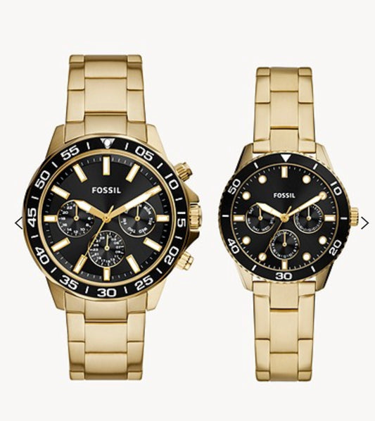 Coffret Montre Fossil Homme & Femme Acier Inoxydable Dorée Multifonctions Neuves