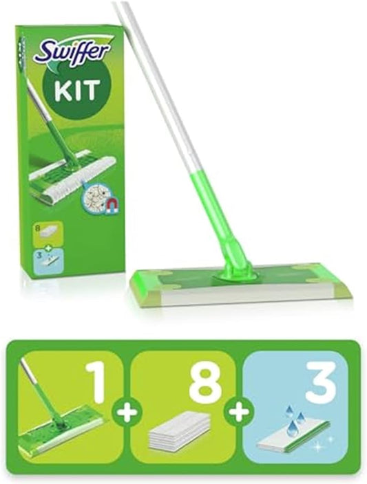 Swiffer Kit Complet Balai, 8 Lingettes Sèches + 3 Lingettes Humides, Idéal pour les Sols en Bois Neu
