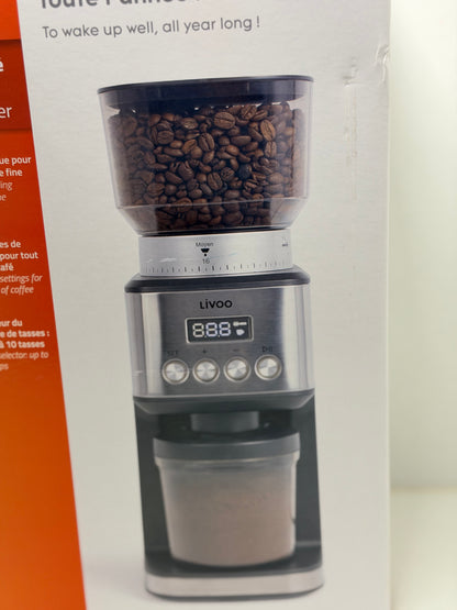 Livoo, Moulin à café électrique DOD191, Puissance 180 W, 600 tours par minute, 31 réglages de mouture, Capacité du réservoir à grains 320 g et café moulu 130 g, 10 tasses