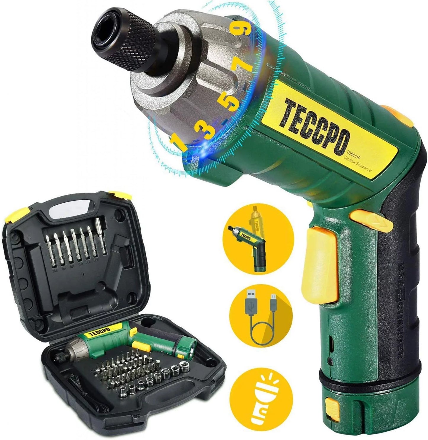 Visseuse sans Fil 6Nm, TECCPO Tournevis sans Fil, 2000mAh avec 45 accessoires, 2 Lampe LED, Chargeur USB, 9+1 Reglages du Couple, 2 Position Poigne Reglable, Boîte Compacte, Meilleur Cadeau DIY …