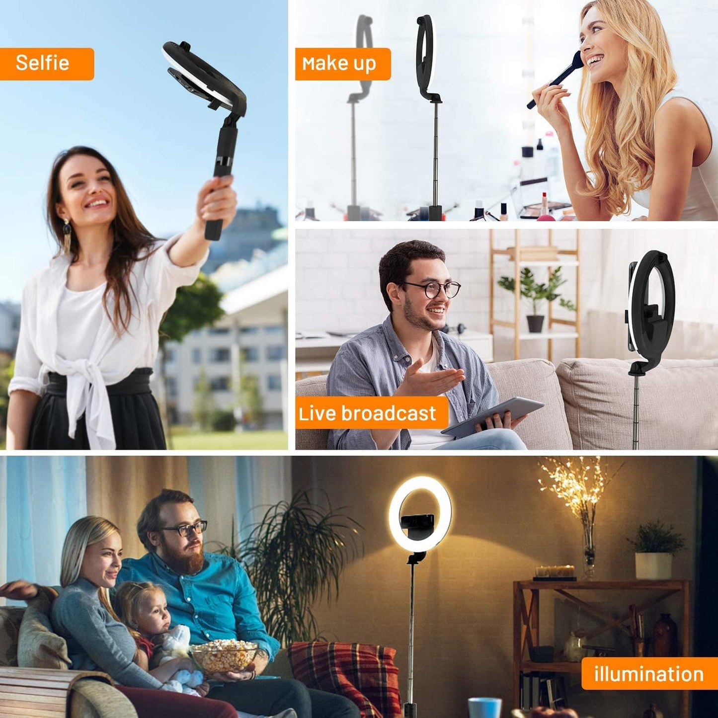 Perche a Selfie [avec Selfie Ring Light], 35.4'' Aluminium Extensible Selfie Stick 360° Rotation avec Bluetooth, Monopode Rechargeable Selfie Anneau Lumineux Compatible pour iPhone/Huawei/Gopro