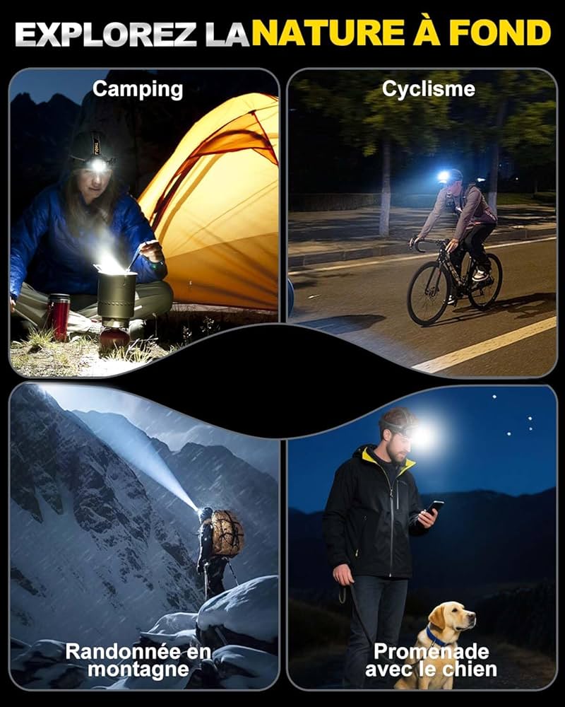 Lampe Frontale Led Ultra Puissante Rechargeable USB C avec 12 Modes d’Éclairage, Capteur & Warning Light, IPX5 Étanche, 90° Réglable Zoomable Tête Extensible pour Camping, Randonnée, Pêche et Course