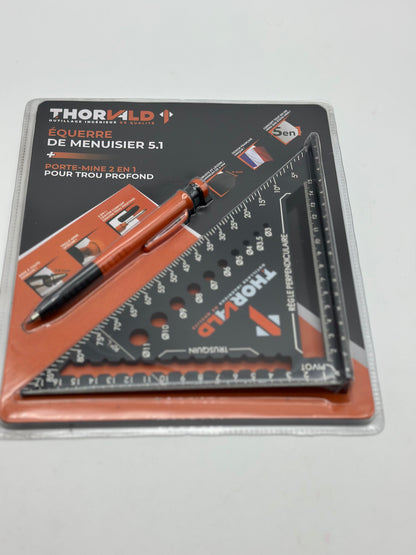 5 en 1 Equerre Menuisier 180 mm - Inclus Crayon Chantier - Multifonction : Trusquin / Raporteur / Gabarit de percage / Equerre a chapeau - Aluminium