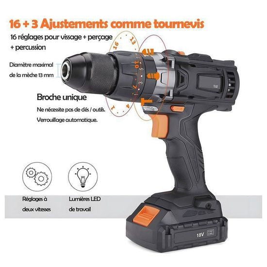 Perceuse Visseuse Sans Fil 18V, 2 Batteries Lithium-Ion 2000mAh, 2 Vitesses, Lumière Led, 43 Accessoires